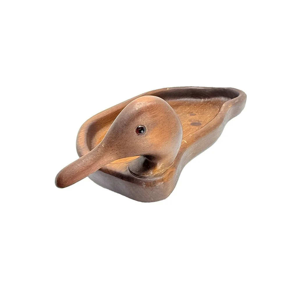 Vintage Hand Carved Wooden Duck Catchall Tray MCM Danish Modern Valet Dish 13